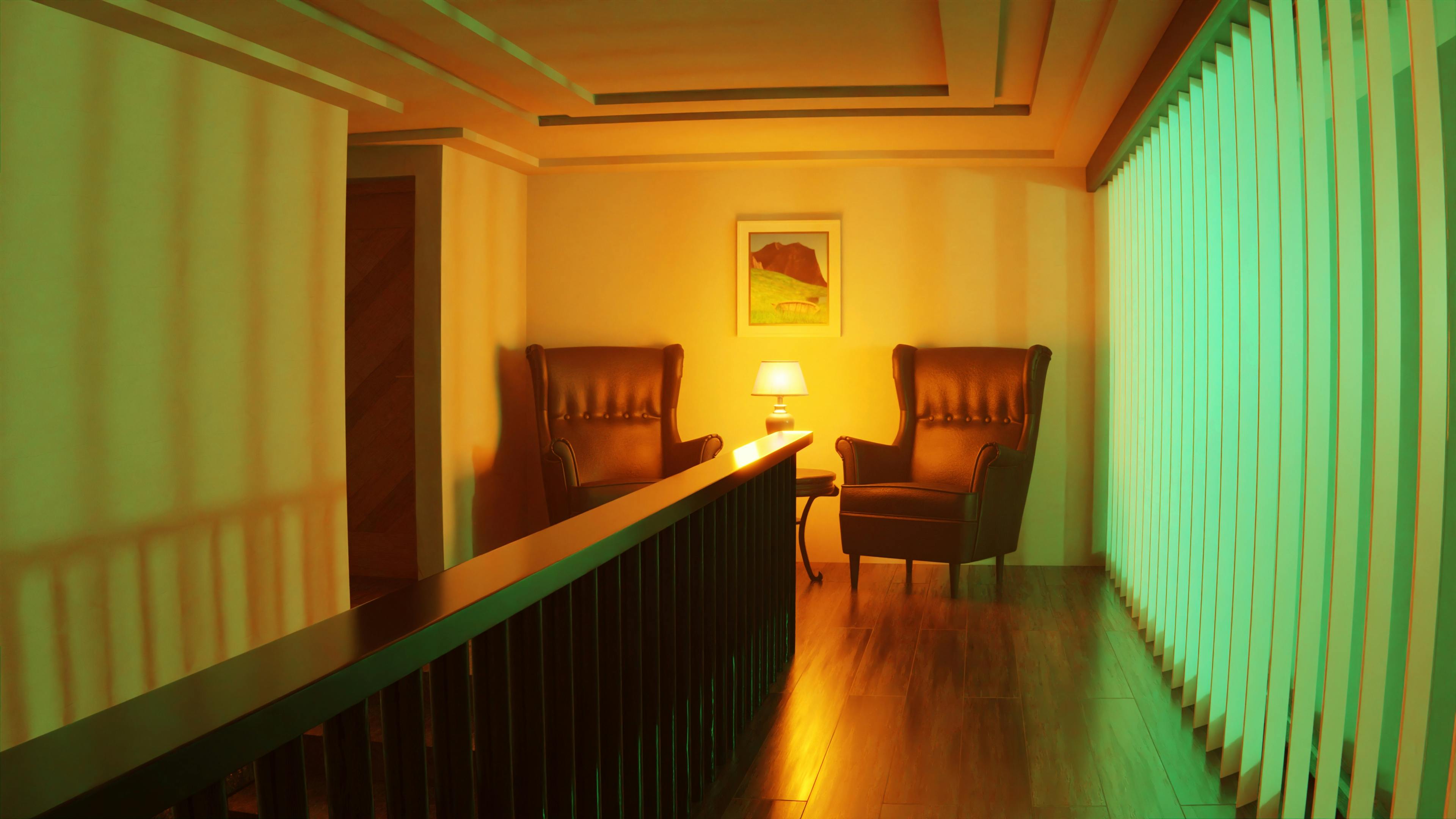 A cozy interior featuring armchairs, a lamp, and warm lighting for a relaxing atmosphere.