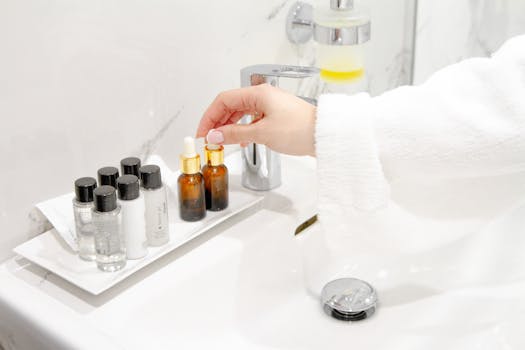A hand in a white robe reaching for skincare serum on a bathroom sink.