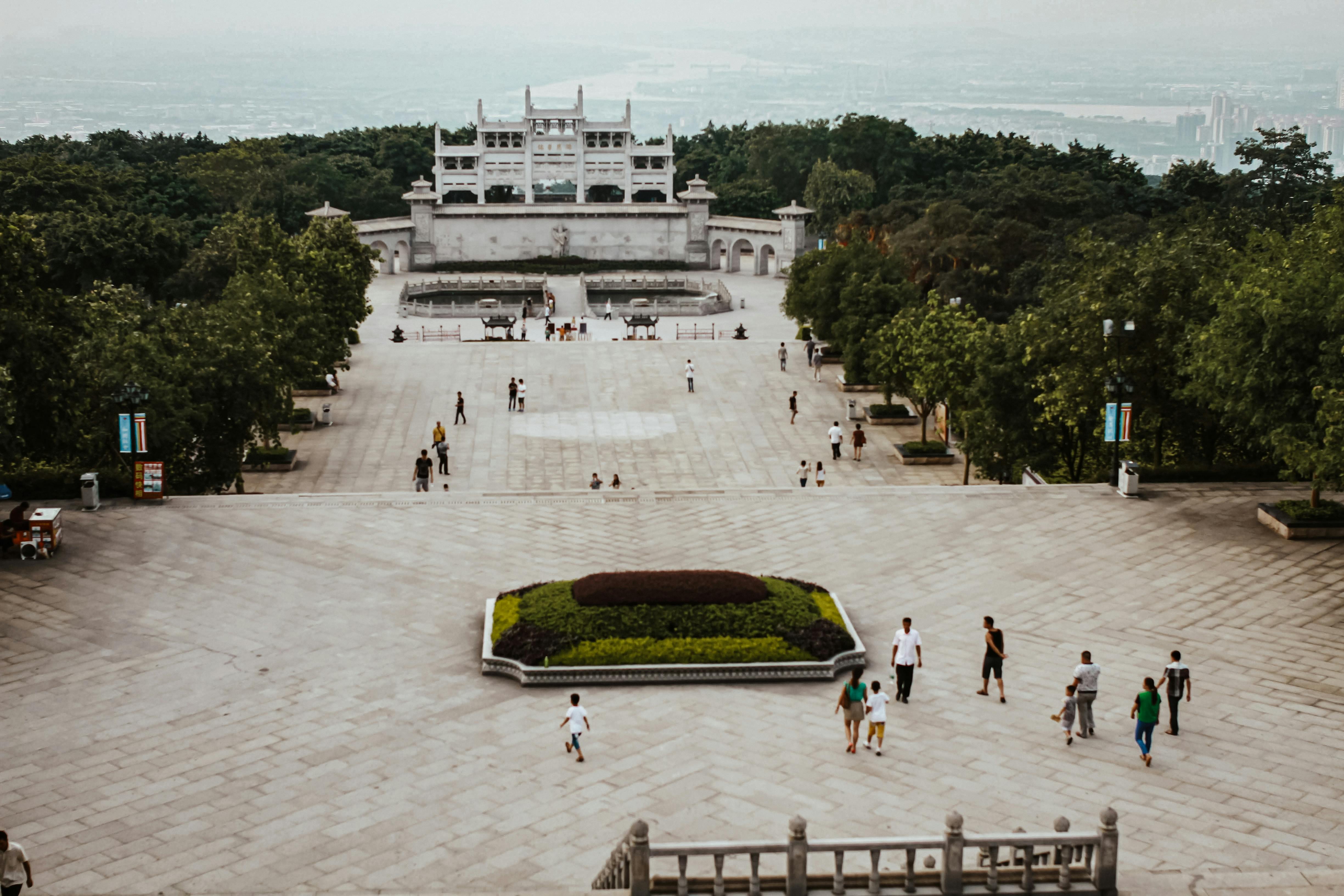 Aerial perspective of Dr. Sun Yat-sen's Mausoleum with visitors exploring the site.