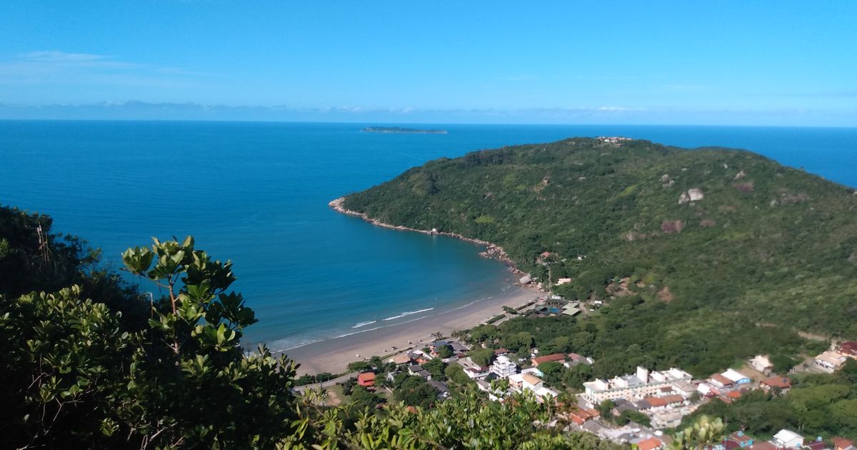 Vista aérea da praia de Canto Grande no Brasil com vegetação exuberante e águas azuis do oceano.