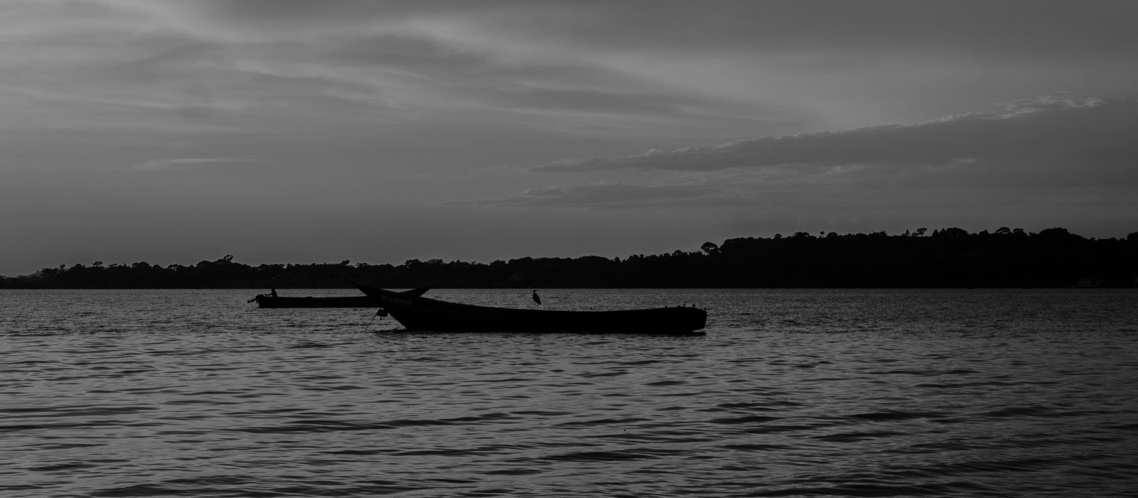Black and white silhouette of boats on Lake Victoria during twilight, Entebbe, Uganda. — flights from Kigali to Entebbe