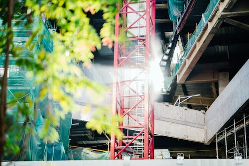 Free Green Leafed Tree Beside Red Metal Trusses and Building Stock Photo