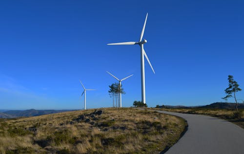 A Wind Turbines on Green Grass Field Under the Blue Sky