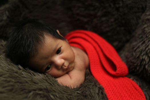 Cozy newborn baby lying on brown fabric wrapped in a red crochet blanket, exuding innocence and warmth.