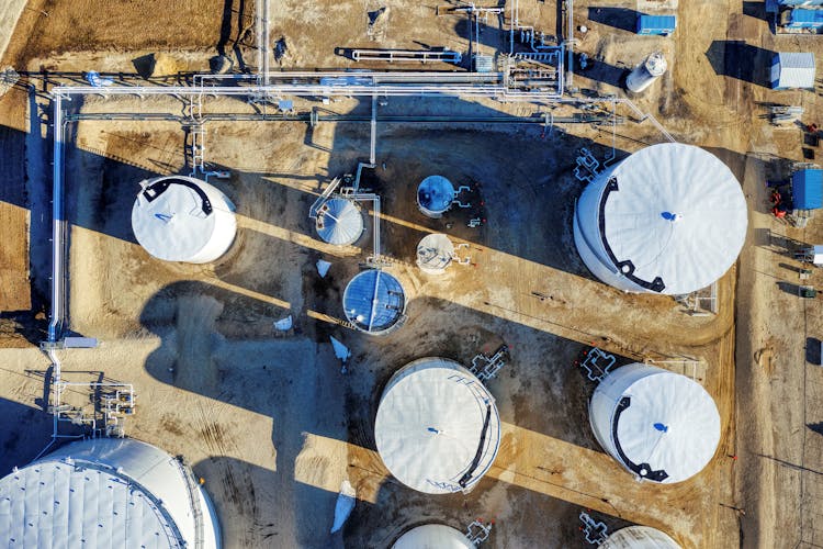 Silos And Pipes In Birds Eye View