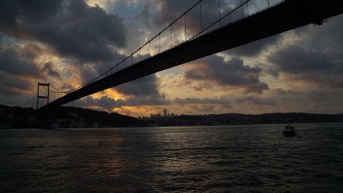 Free A captivating silhouette of the Bosphorus Bridge at sunset with a dramatic sky and water reflections in Istanbul. Stock Photo