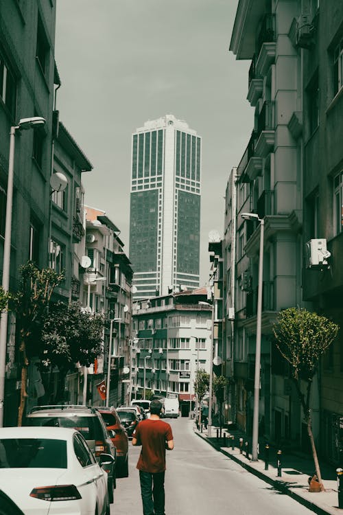 Free Cars Parked on Street Near High Rise Buildings Stock Photo