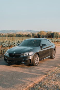 Elegant BMW sedan captured in the golden hour on a picturesque country road, exuding luxury and style.