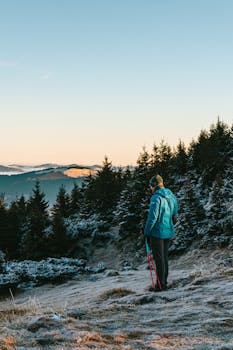 A person exploring snowy Romanian mountains in winter, surrounded by pine trees.