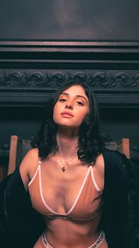 Elegant portrait of a young woman posing confidently with black hair in stylish lingerie.