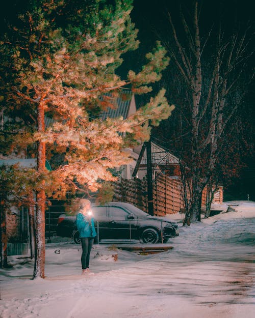 Person in Blue Jacket Standing Near Tree