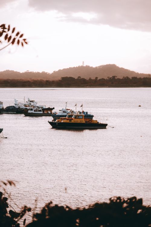 Free Peaceful scene of boats on calm water at twilight with distant hills. Stock Photo