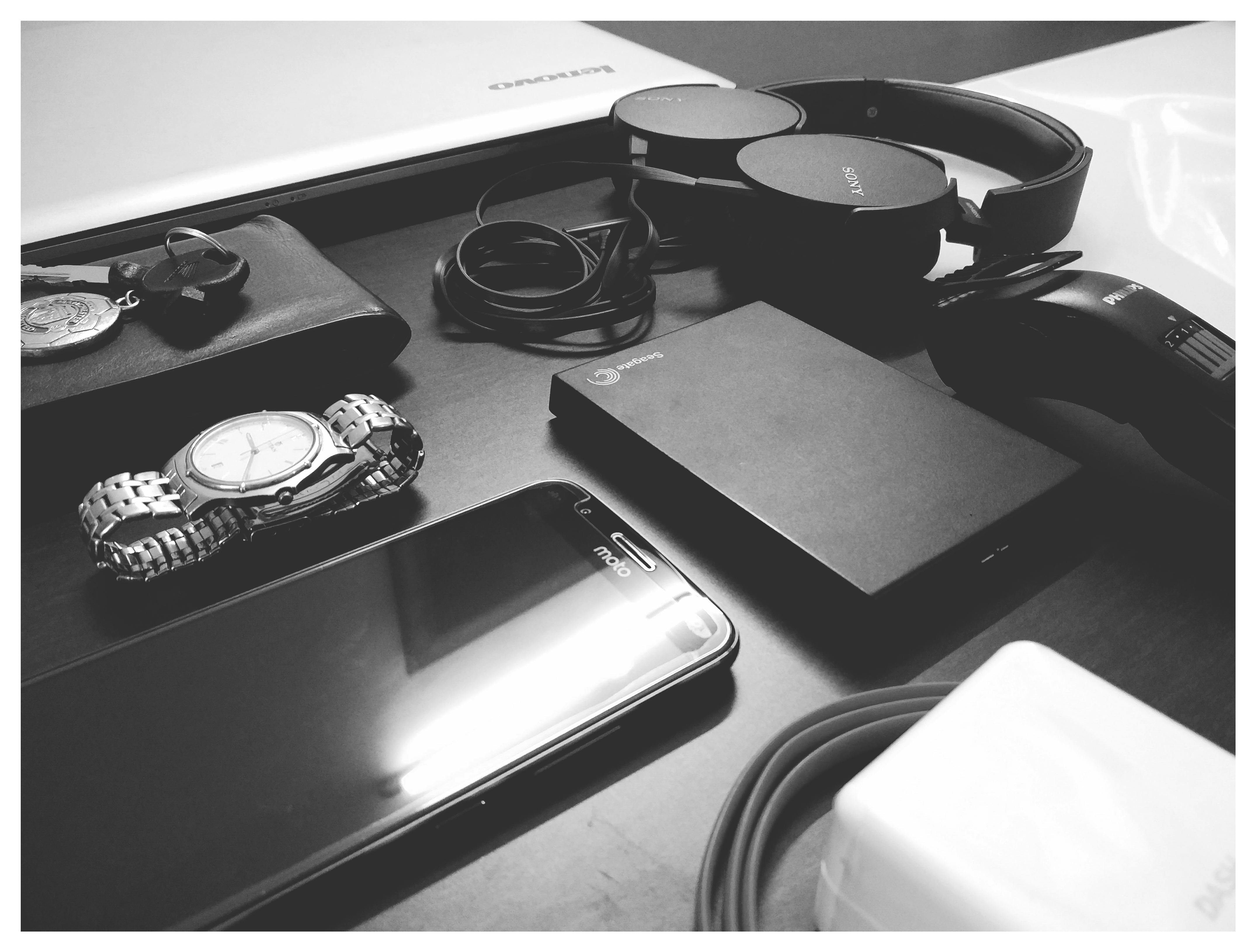 Free stock photo of #black&white #laptop #headphones #gadgets #mobile
