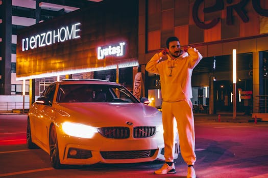 Man in hoodie stands by luxury white car in illuminated Ankara street.