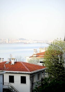 Charming red-roofed houses overlooking a scenic waterfront view on a clear day.