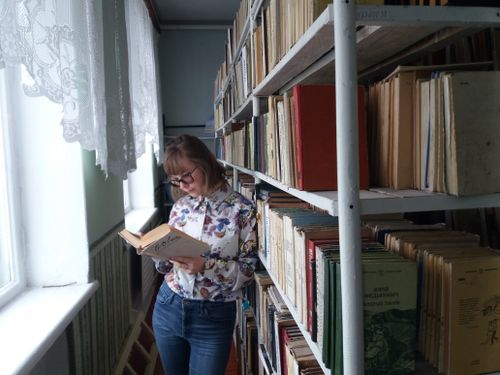 Free A person wearing eyeglasses reads in a light-filled library, surrounded by bookcases. Stock Photo