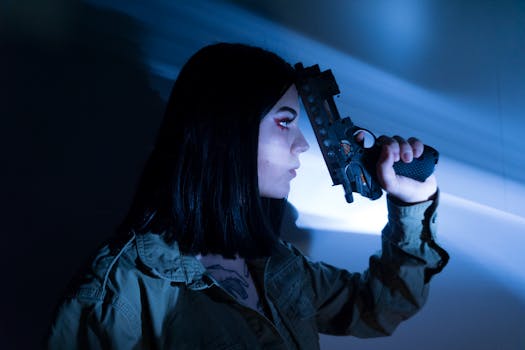 A woman with long black hair holds a gun in a dramatic low-light setting, creating a mysterious atmosphere.