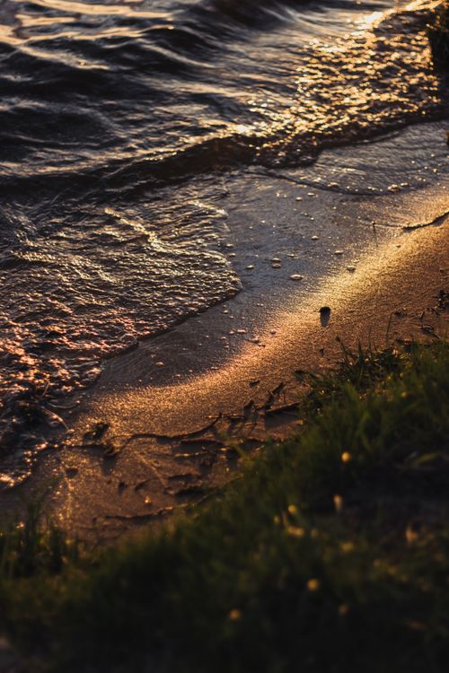 Free Capture of golden waves gently washing onto a peaceful lakeshore at sunset, creating a serene atmosphere. Stock Photo
