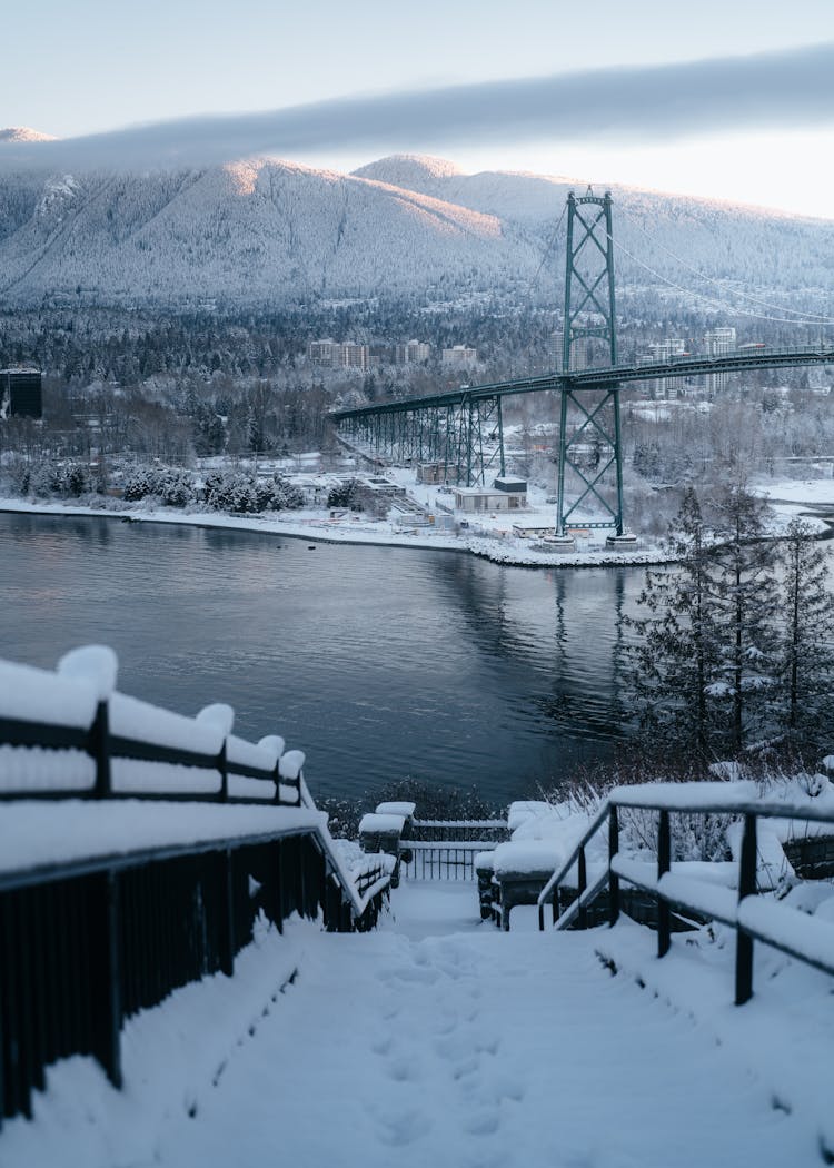 Bridge Over River In Winter In Vancouver