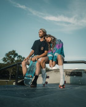 A young couple relaxing with a skateboard and roller skates at an outdoor skate park.