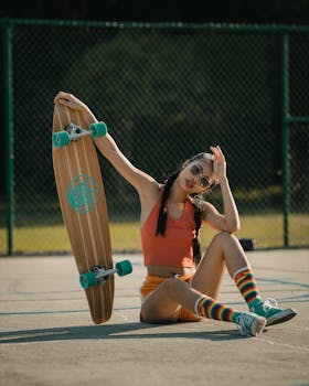 Woman in casual outfit sitting with a longboard on an outdoor court, exuding a stylish and relaxed vibe.