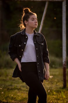 Casual portrait of a young woman in a denim jacket standing outdoors at sunset.