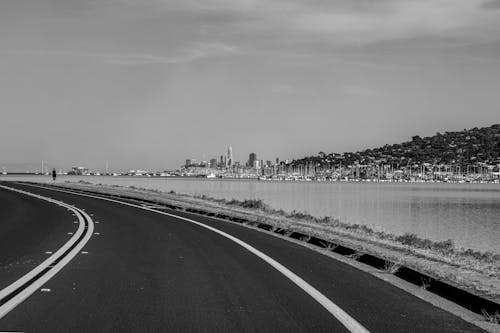 Grayscale Photo of Line Markings on Asphalt Road