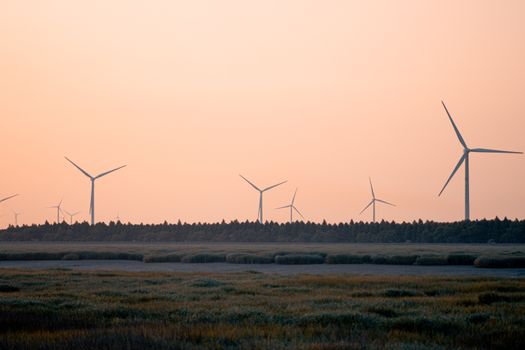 A serene view of wind turbines during sunset, highlighting renewable energy in a tranquil landscape.