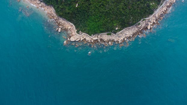 Drone shot of a rocky coastline with lush greenery and azure waters perfect for travel inspiration.