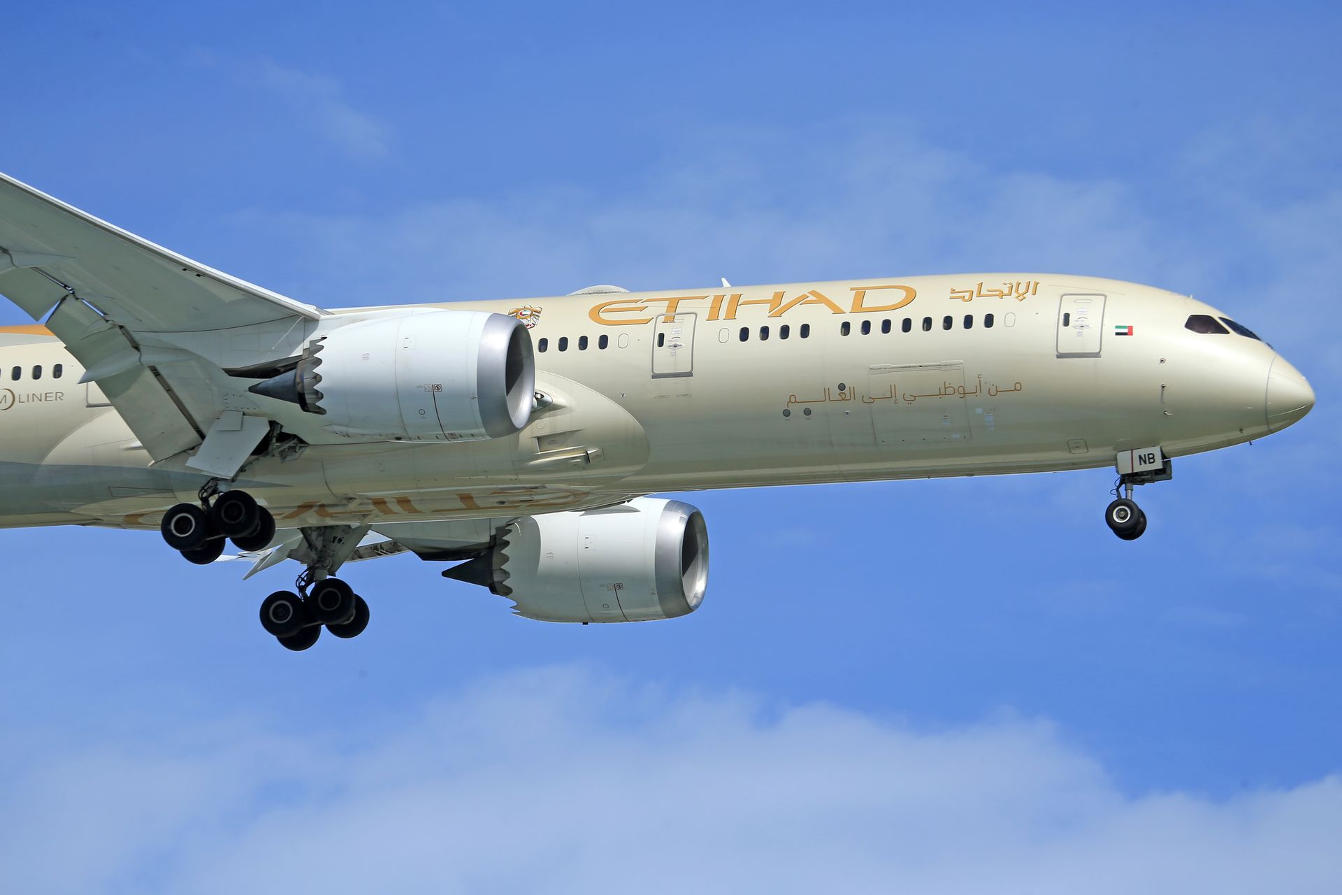 A close-up view of an Etihad Airways Boeing 787 Dreamliner in flight.
