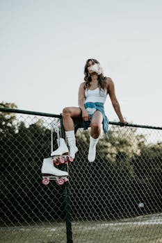 A stylish young woman sits on a fence with roller skates, evoking a carefree and adventurous vibe outdoors.
