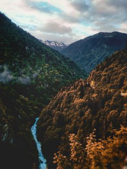 Breathtaking view of a river cutting through lush mountains, showcasing nature's beauty and serenity.