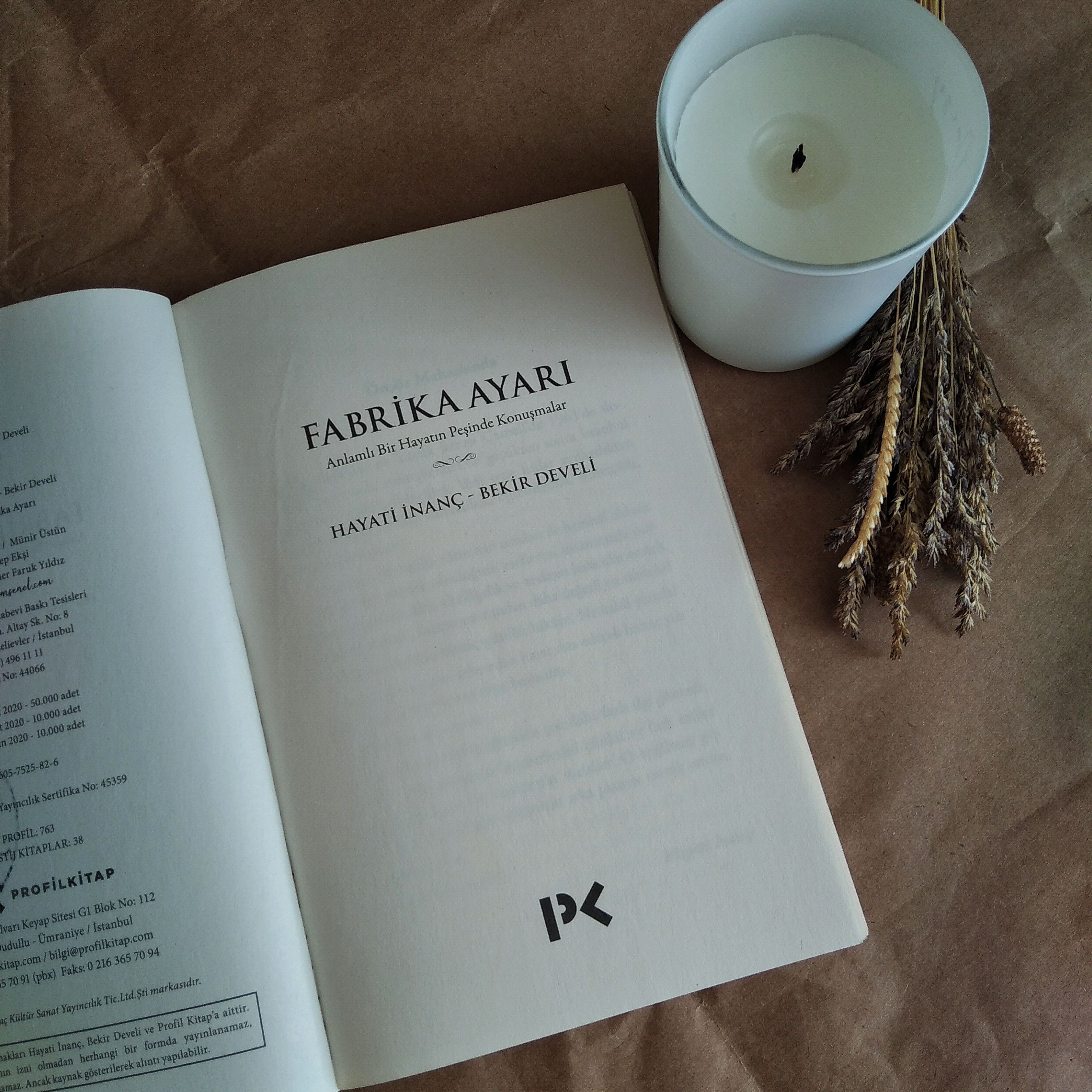 An artistic still life featuring an open book, a lit candle, and dried flowers on a rustic surface.