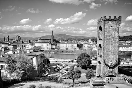 Aerial black-and-white view capturing Florence's historic skyline and architecture.