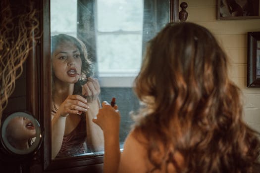 A young woman applies lipstick while looking in a vintage mirror, capturing a stylish and intimate moment.
