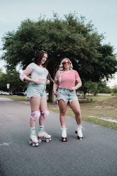Two stylish young women roller skating outdoors, enjoying summer day fashion and fun.