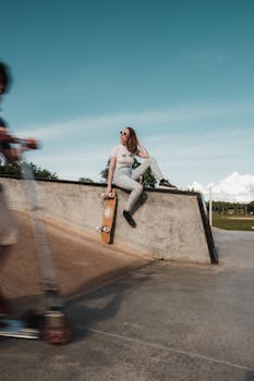 A young woman poses at a skate park, holding a skateboard, exuding style and confidence.