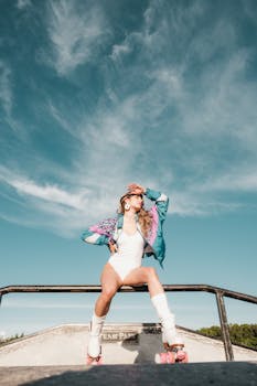 A confident woman in roller skates poses stylishly at an outdoor skatepark under a bright sky.
