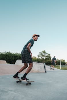 Skateboarder in motion on a sunny day at an outdoor skate park.