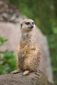 Vertical shot of a meerkat standing alert on a rock in natural habitat.