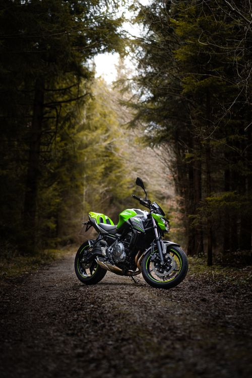 Free A green motorcycle parked on a forest path surrounded by tall trees under soft light. Stock Photo