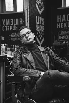 Black and white photo of a fashionable man in a barbershop, wearing a leather jacket and eyeglasses.