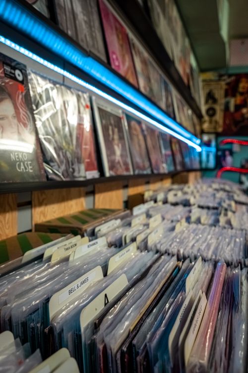 Free A vibrant display of vinyl records in an Orlando music store, showcasing rows and shelves full of albums. Stock Photo