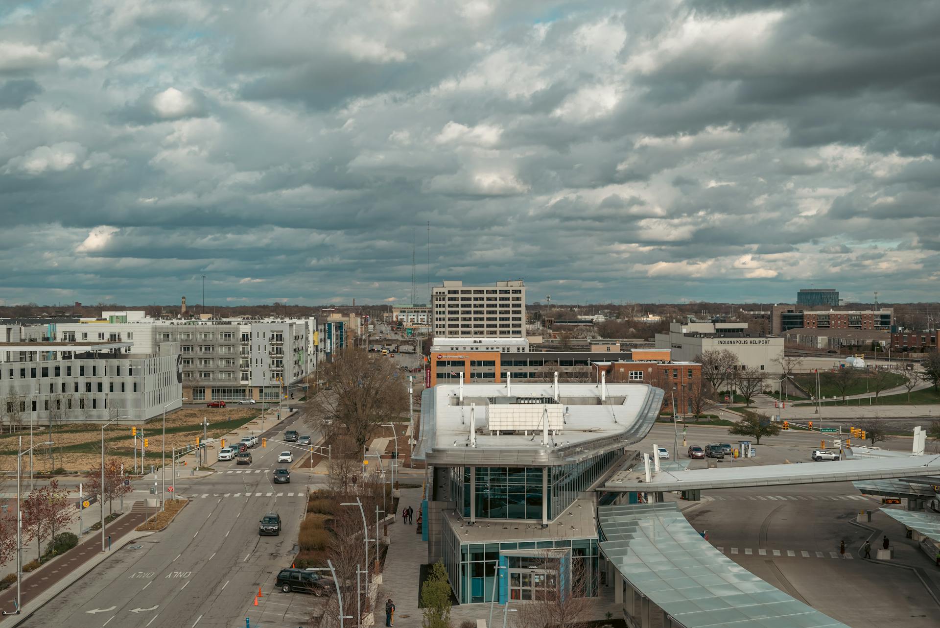 Explore the urban architecture around the Julia M Carson Transit Center in downtown Indianapolis. Ideal for cityscape enthusiasts.