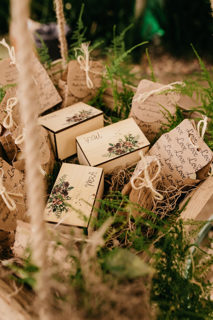 Wooden Boxes And Handmade Gifts With Ribbons