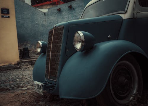 Grill of a Vintage Blue Car