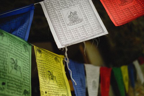 Free Vibrant Tibetan prayer flags with ancient scripts hanging outdoors, symbolizing peace and compassion. Stock Photo