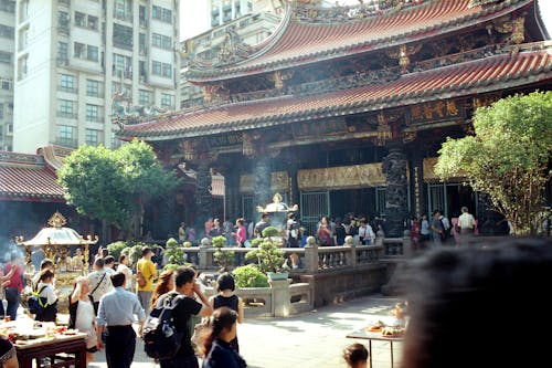 Crowd in Front of Traditional Temple in Taipei 