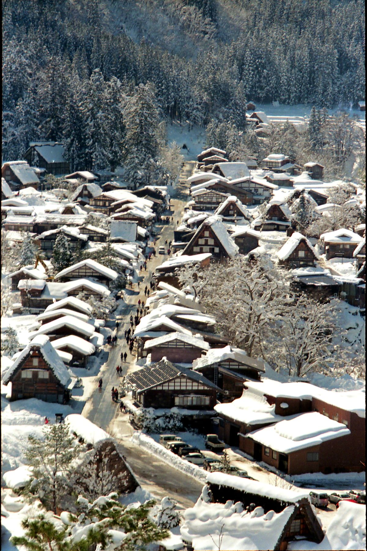 Aerial view of Shirakawa-go's gassho-zukuri farmhouses under snow — the UNESCO World Heritage village in the Shokawa River valley