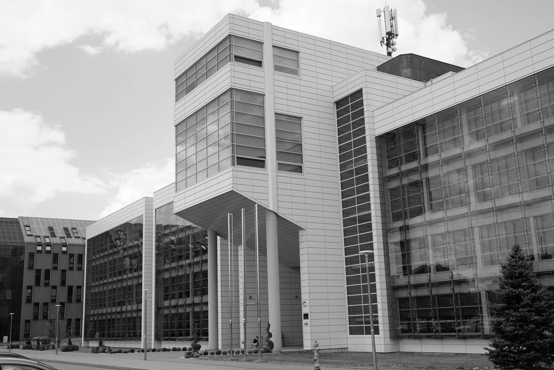 Black and White Shot of the Facade of a Modern Office Building